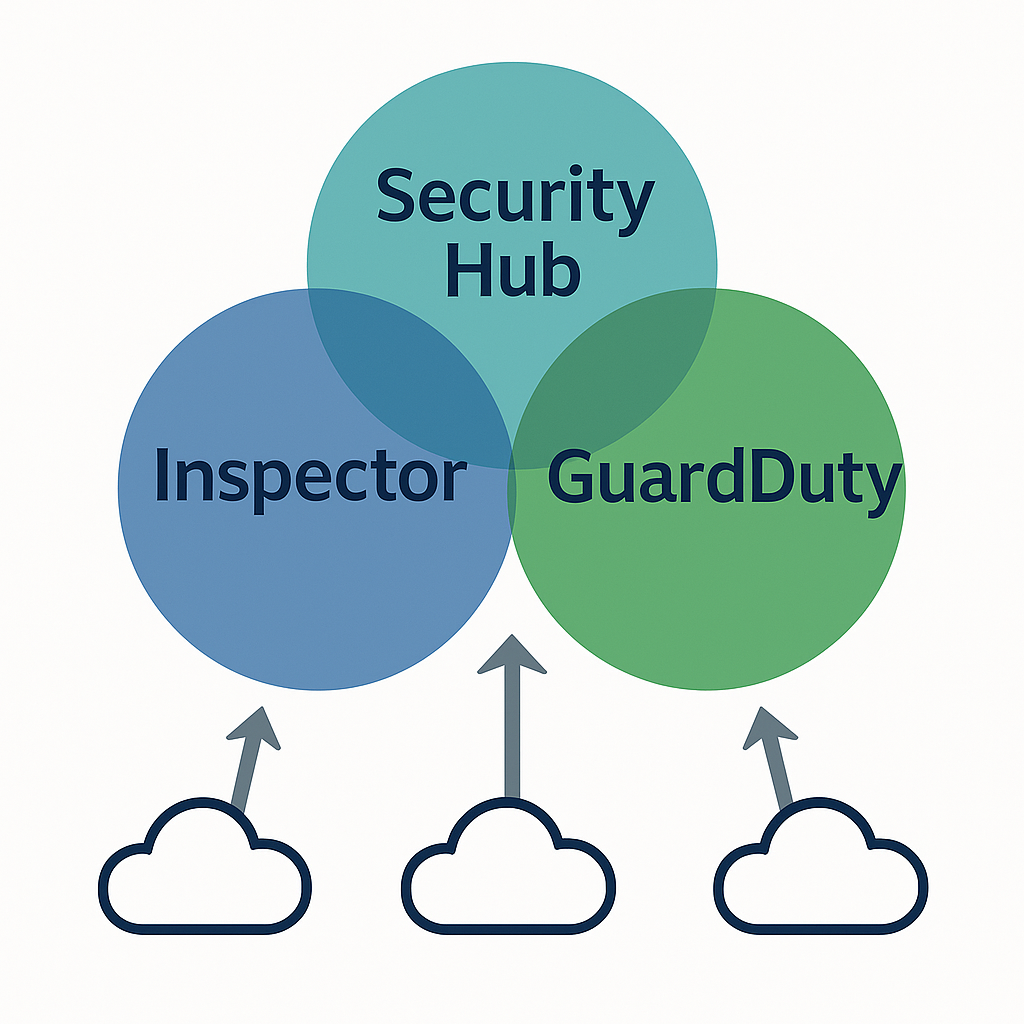 AWS Inspector、Security Hub、GuardDutyの連携イメージ